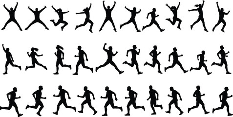 Running and jumping people silhouettes vector illustration of fitness exercise, jogging, athletes training, active lifestyle sport movement isolated icons
