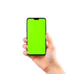 hand holding a mobile phone with green screen