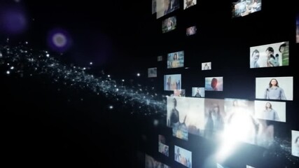 Abstract digital display of many small images, with a glowing center point and a starry background effect - Powered by Adobe