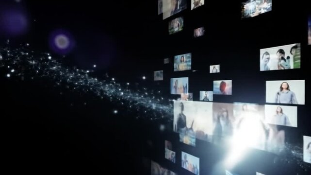 Abstract digital display of many small images, with a glowing center point and a starry background effect - Powered by Adobe