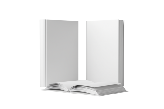 Two blank white books isolated on transparent background