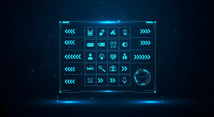 Futuristic user interface screen with a glowing digital dashboard and technology icons. High-tech sci-fi virtual display.