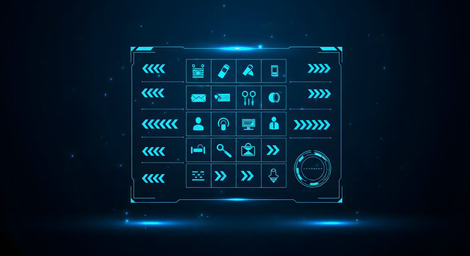 Futuristic user interface screen with a glowing digital dashboard and technology icons. High-tech sci-fi virtual display.