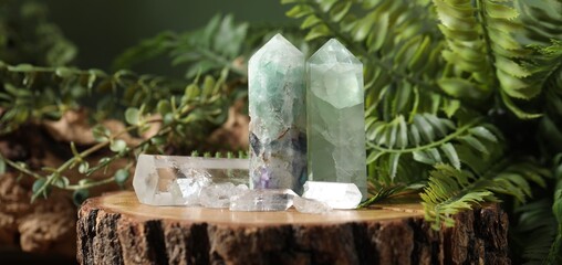 Aura. Beautiful crystals on stump and green plants against blurred background, closeup