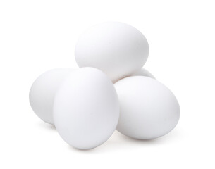 Many raw chicken eggs isolated on white