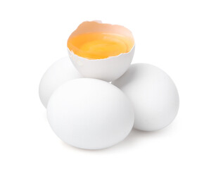 Whole and broken chicken eggs isolated on white