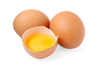 Whole and broken chicken eggs isolated on white