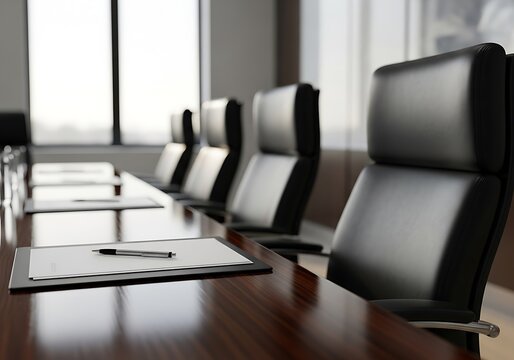Empty modern conference room with leather chairs and table ready for business meeting