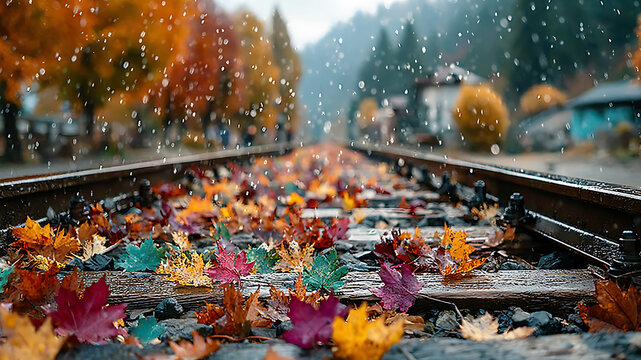 Colorful Autumn Leaves on Railway Tracks Under Falling Rain - Powered by Adobe