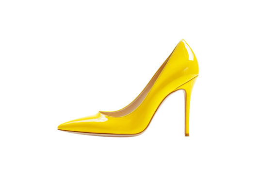 Bright yellow patent leather stiletto high heel shoe isolated on transparent background