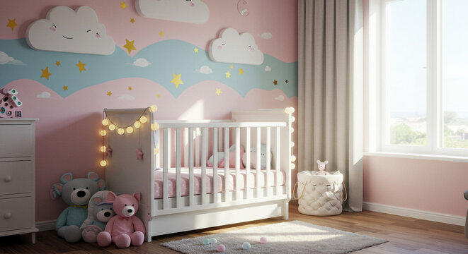 Dreamy nursery with cheerful cloud mural, white crib, and soft teddy bears creating a cozy, welcoming atmosphere for baby