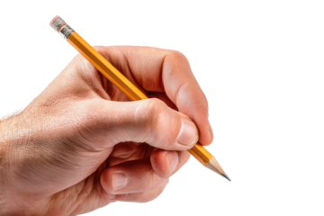Close-up of a hand holding a yellow pencil, poised to write
