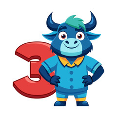 Playful Bull Character with Big Number Three Illustration | Fun Animal Kids Learning Art | Cute Children’s Book Vector Design
