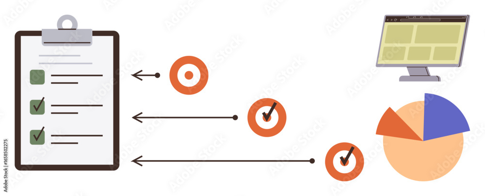 Poster clipboard checklist, target goals with checkmarks, pie chart, and computer screen linked by arrows. 