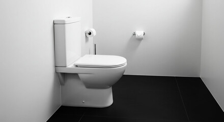 Fototapeta premium Modern clean white toilet in minimalist bathroom with black floor and white walls