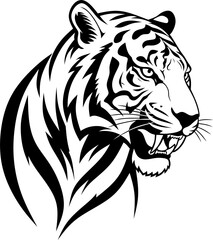 Vector illustration of roaring tiger head in black and white style