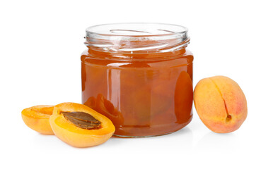 Tasty apricot jam in jar and fresh fruits isolated on white