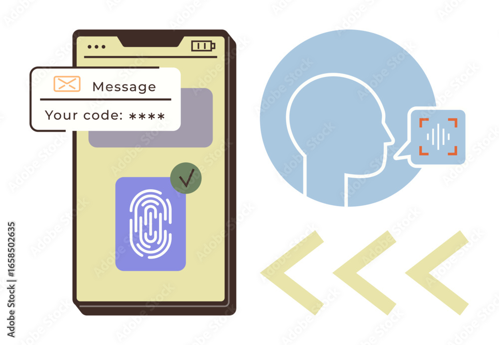 Poster smartphone displays fingerprint scan and code notification, paired with face recognition. ideal for 