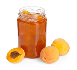 Tasty apricot jam in jar and fresh fruits isolated on white