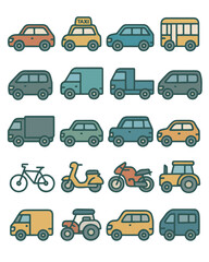 Simple Line Transport Icon Set Collection of Various Vehicles