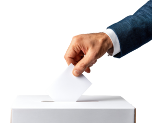 A hand in a suit jacket places a white ballot into a white ballot box