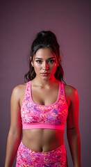 Portrait of a fit young woman wearing a pink floral sports bra and matching leggings, looking confidently at the camera with a serious expression against a purple backdrop with red lighting