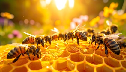 Honeybees on honeycomb, golden light