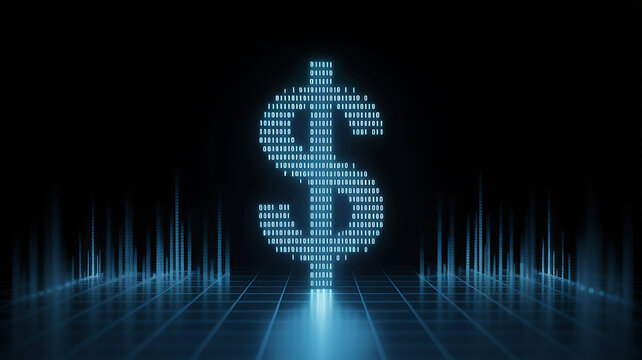 A glowing digital dollar sign composed of binary code in a futuristic grid environment, symbolizing technology's impact on finance and economics.
