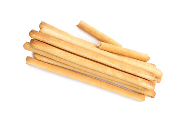Delicious grissini sticks isolated on white, top view