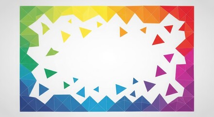 Geometric rainbow snowflake cutout frame with abstract polygonal background and white center space