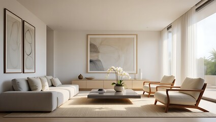 Elegant and Minimalist Living Room Interior with Natural Light and Modern Furnishings A Serene Oasis of Comfort and Style