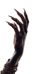 A dark, dramatic hand with long, clawed nails and a textured wrist