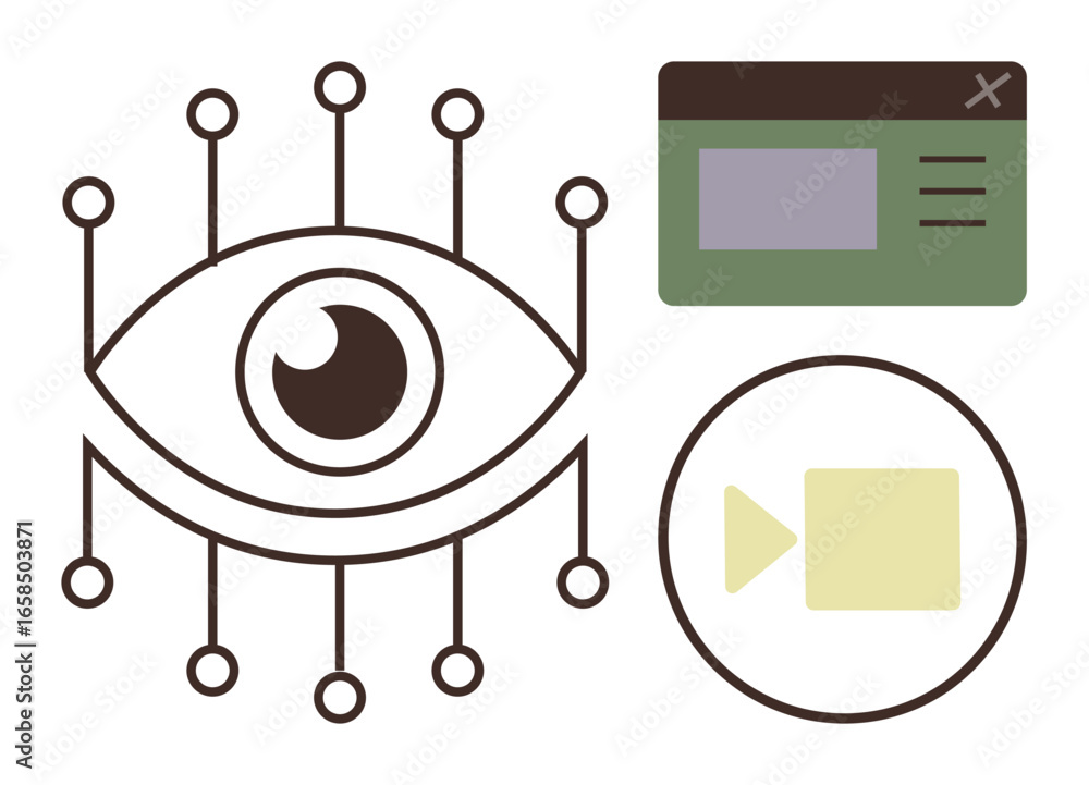 Poster eye connected by nodes, video play button in a circle, and browser window box. ideal for ai, technol