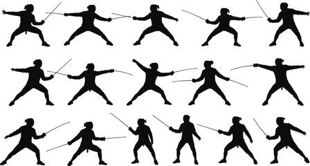 Silhouette vector illustration of fencing athletes with swords, fighting poses, sport competition design, martial arts training, duel combat icons