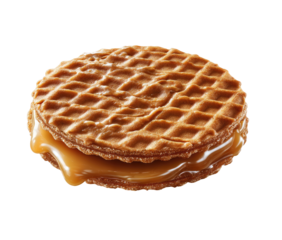 Round, light golden brown waffle cookie sandwich, filled with a generous layer of caramel sauce.  The waffle texture is prominent, creating a diamond pattern