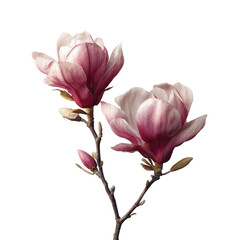 Fototapeta premium Two magnolia blossoms, delicate pink and white, on a branch against a black background. Soft lighting highlights the petals' texture