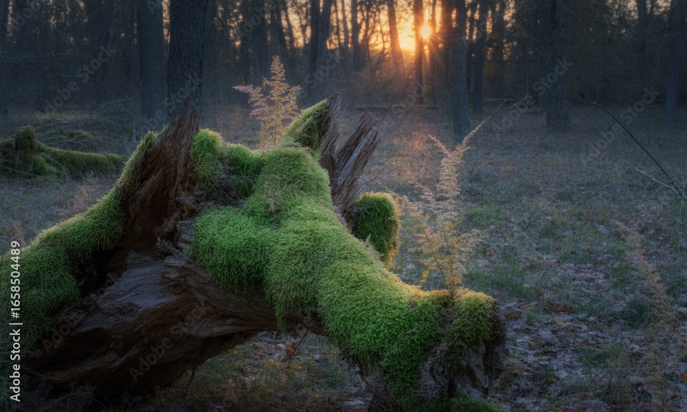 Poster mossy log in hazy forest, sun shining through trees in the distance