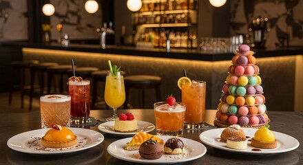 A vibrant showcase of flavorful cocktails and desserts at a stylish bar