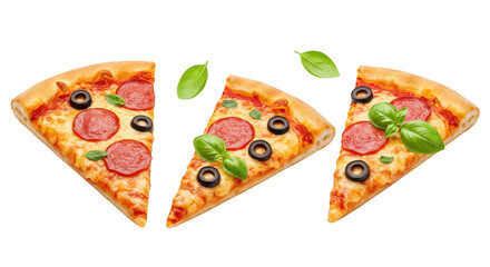 Set of 3 pepperoni pizza slices with olives and basil
