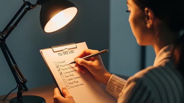 Woman Checking Off Tasks on a To-Do List at Night
