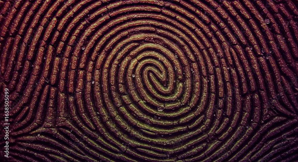 Poster intricate fingerprint pattern glowing with warm light, symbolizing identity, security, and uniquenes