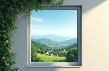 Open window offers serene landscape view of green rolling hills and distant mountains under clear blue sky. Charming houses dot rich fields. Climbing pink flowers frame window, adding natural beauty.