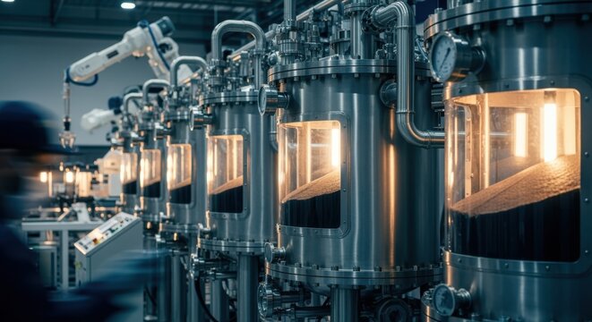 Production line view featuring multiple vacuum silos used simultaneously for parallel solidrocket motor propellant casting processes.