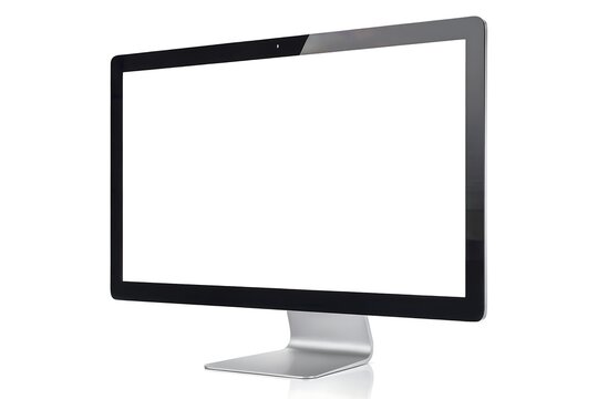 A modern computer monitor with a blank white screen, isolated on a white background, shown from a side perspective, representing technology and digital workspace