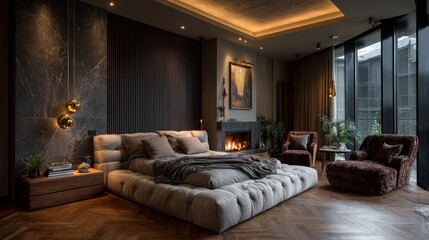 Luxurious master bedroom with dark tones and warm lighting