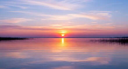 Obraz premium Scenic Lake Sunset with Vibrant Colors and Peaceful Reflections on the Water