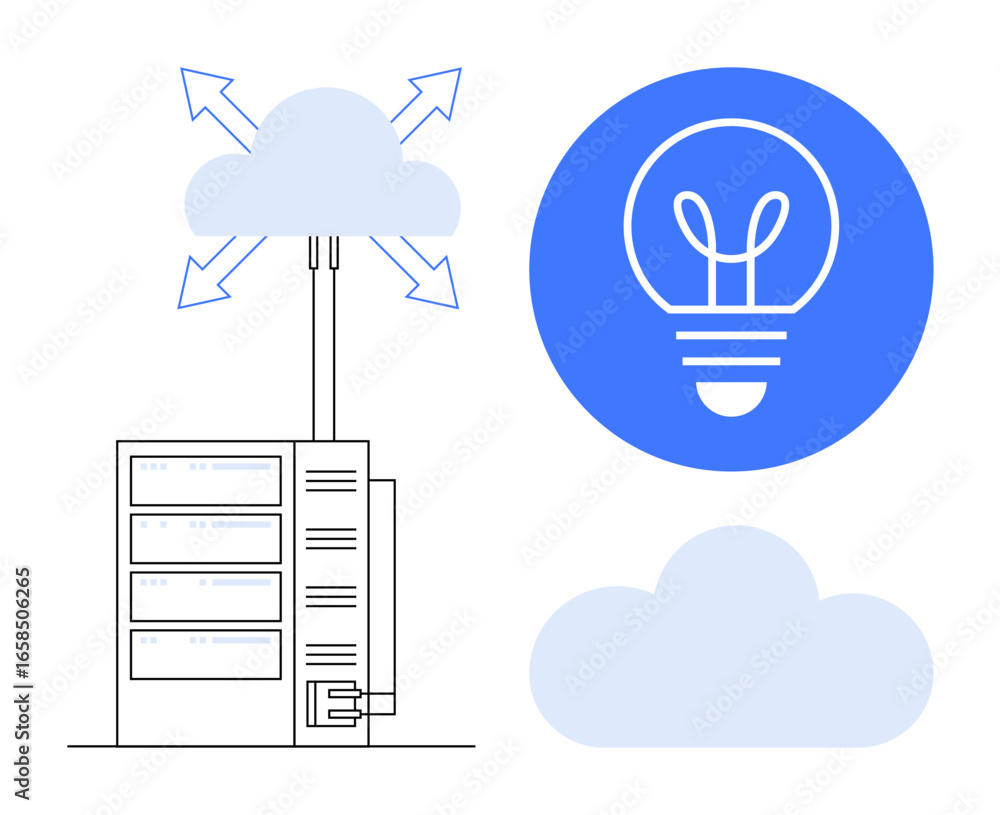 Poster cloud linking to server with expanding arrows, overlapping light bulb symbol for innovation, data sh
