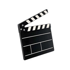 A black clapperboard, also known as a clapboard or scene marker, used in film and video production to mark scenes and takes, isolated on a transparent background