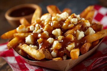 Canadian poutine fries cheese curds and gravy snow festival background