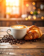 Latte and croissant on rustic wooden table
